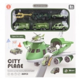 Flugzeug mit ausklappbarer Garage und Militärautos