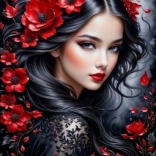 Diamantmalerei Schwarzhaarige mit roten Blumen 30x40cm