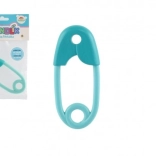 Türkisfarbene Kinder-Rassel aus Kunststoff in Form einer Sicherheitsnadel