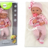 Rosa Babypuppe mit gestreifter Strickjacke, Mützchen, Schal und Zubehör 35 cm