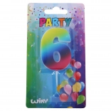 Party-Kerze Zahl 6, regenbogenfarben mit Standfuß