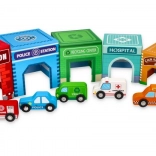 Pyramide aus Bechern mit Fahrzeugen