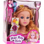 Stylingkopf mit blonden Haaren und Zubehör