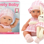 Baby Puppe mit Trage und Häschen in rosa kariertem Outfit