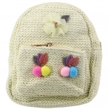 Kinder Rucksack cremefarben mit Stickerei und bunten Pompons