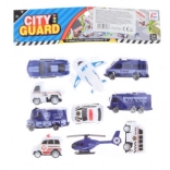 Set aus Polizeifahrzeugen mit Flugzeug und Hubschrauber