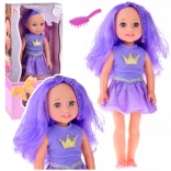 Puppe mit lila Haaren, lila Kleid und Haarbürste