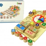 Holzuhr mit Sortierfunktion und bunten Zahlen zur Bildung