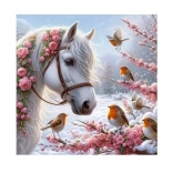 Diamantmosaik - Pferd im Winter mit Rotkehlchen