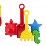 Plastik-Sandspiel-Set mit Schaufel, Harke und Förmchen im Netz
